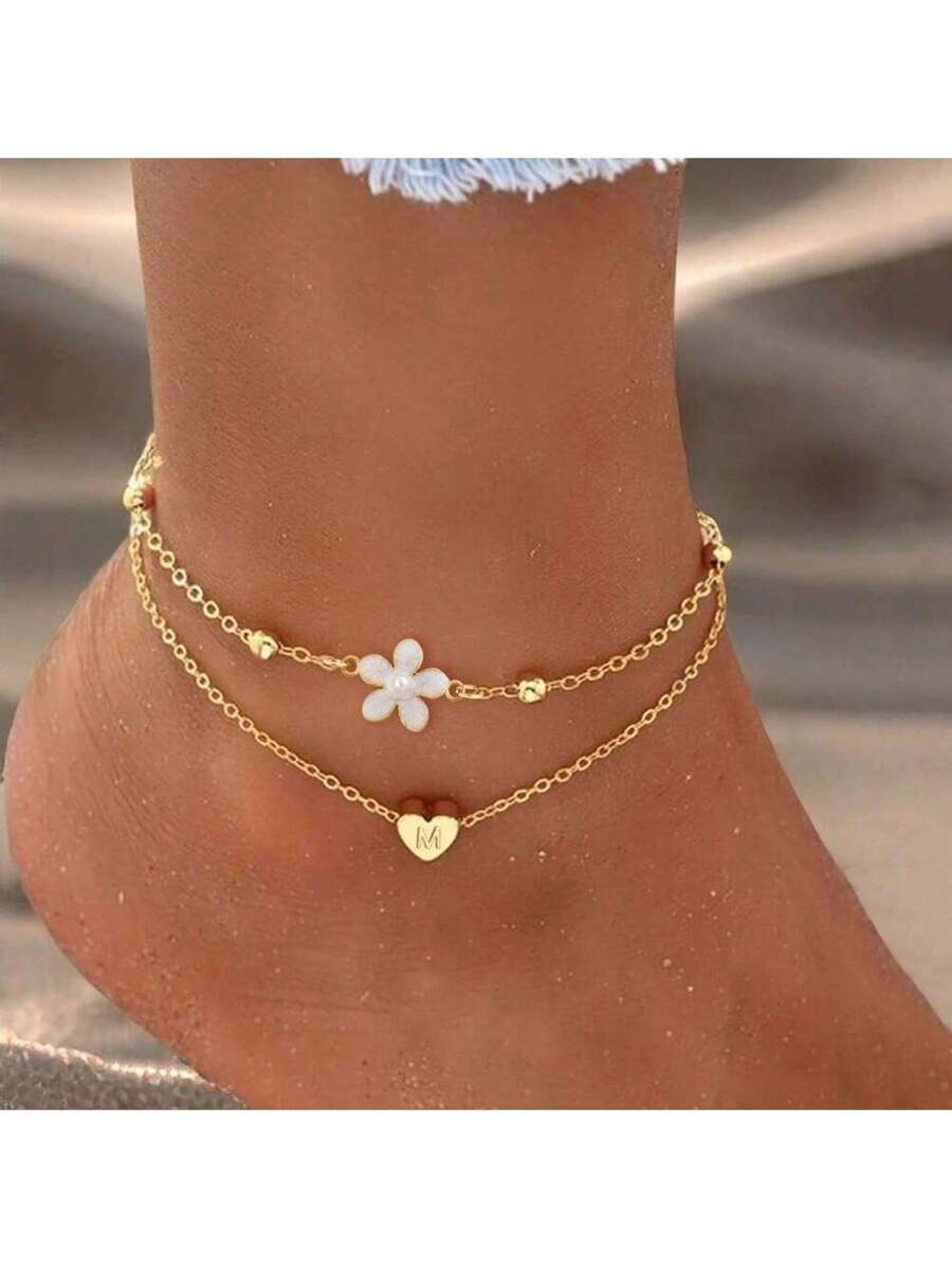 Celestina Heart Flower Anklet Set