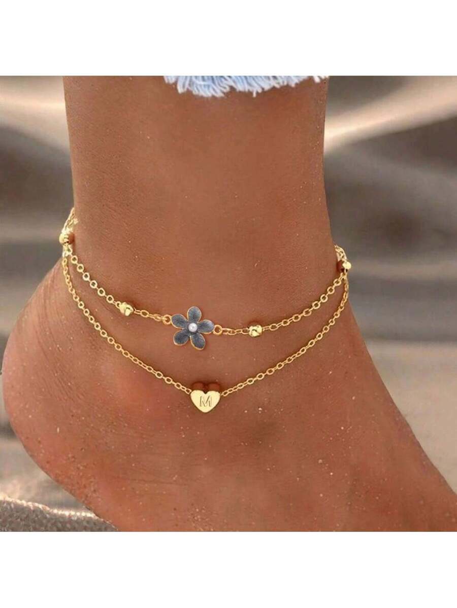 Celestina Heart Flower Anklet Set