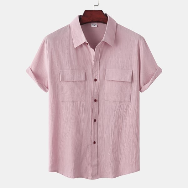 Men's solid colour casual flax short sleeve shirt
