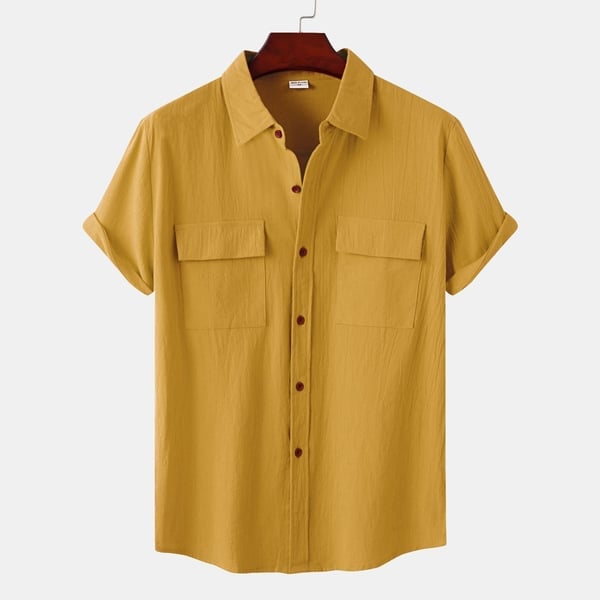 Men's solid colour casual flax short sleeve shirt