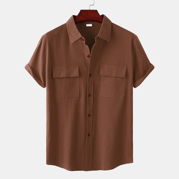 Men's solid colour casual flax short sleeve shirt