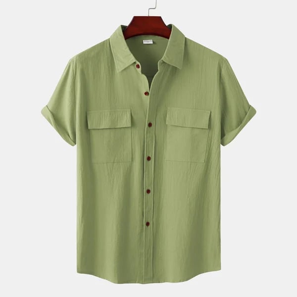 Men's solid colour casual flax short sleeve shirt