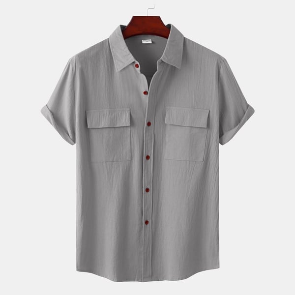 Men's solid colour casual flax short sleeve shirt