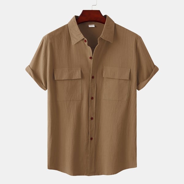 Men's solid colour casual flax short sleeve shirt