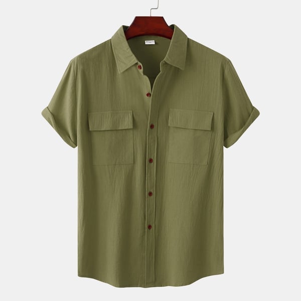 Men's solid colour casual flax short sleeve shirt