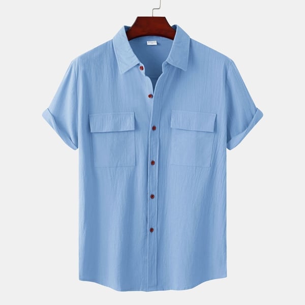 Men's solid colour casual flax short sleeve shirt