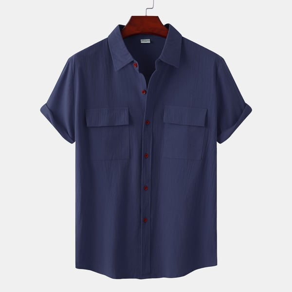 Men's solid colour casual flax short sleeve shirt