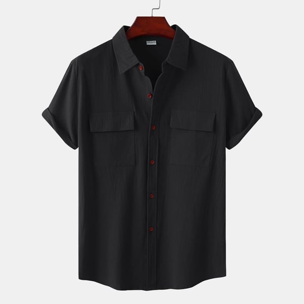 Men's solid colour casual flax short sleeve shirt