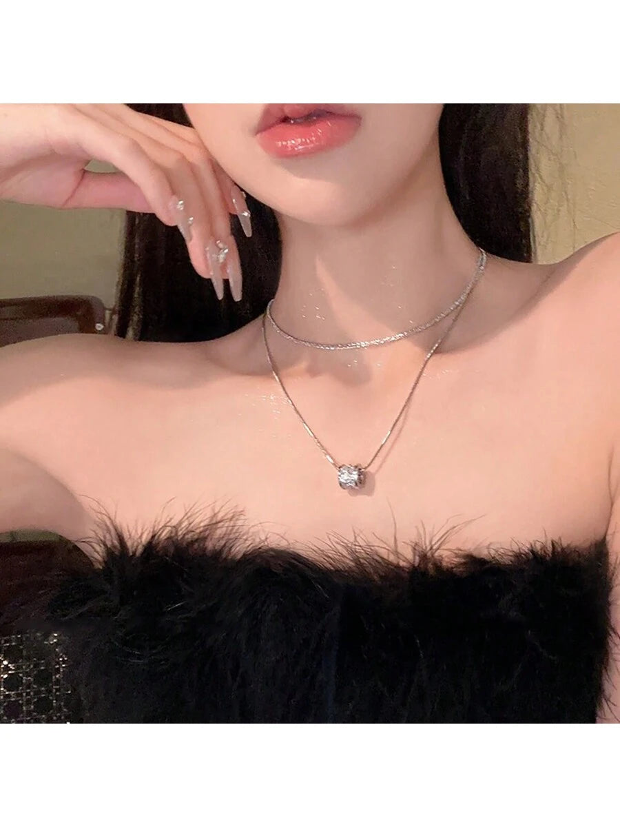 Serenity Beads Necklace Double Layer Titanium Steel Cubic Zirconia