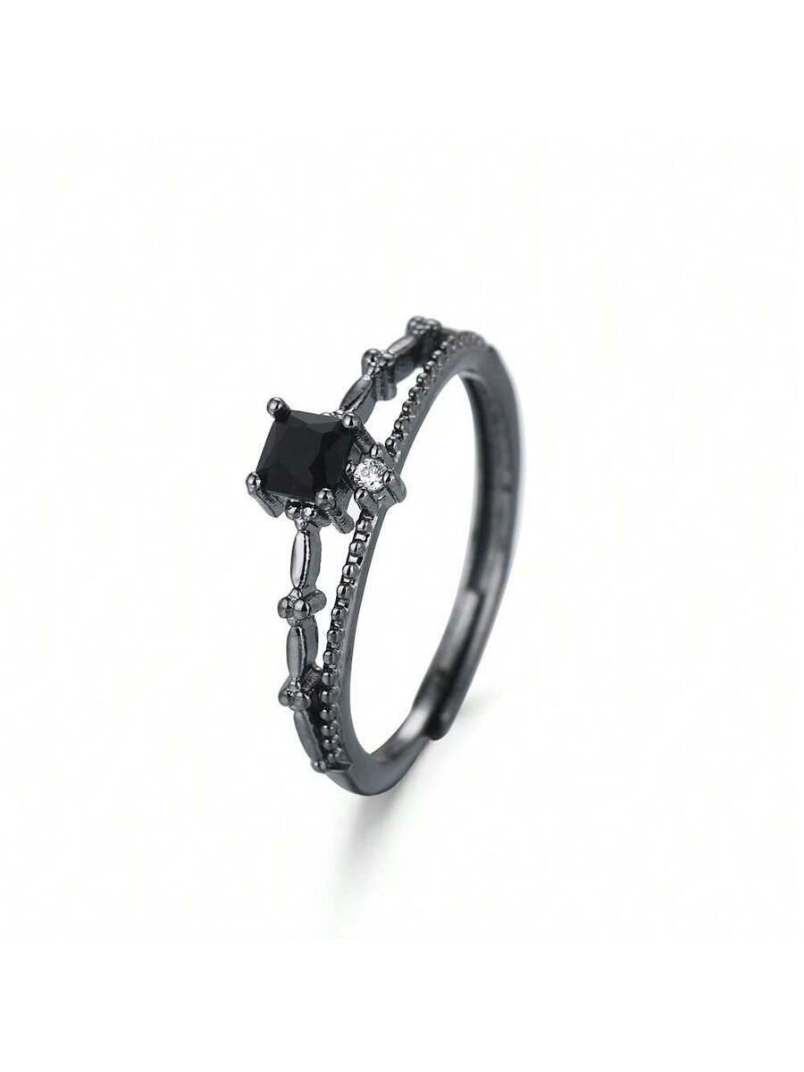 Onyx Square Ring – Black Cubic Zirconia Inlay for Couples