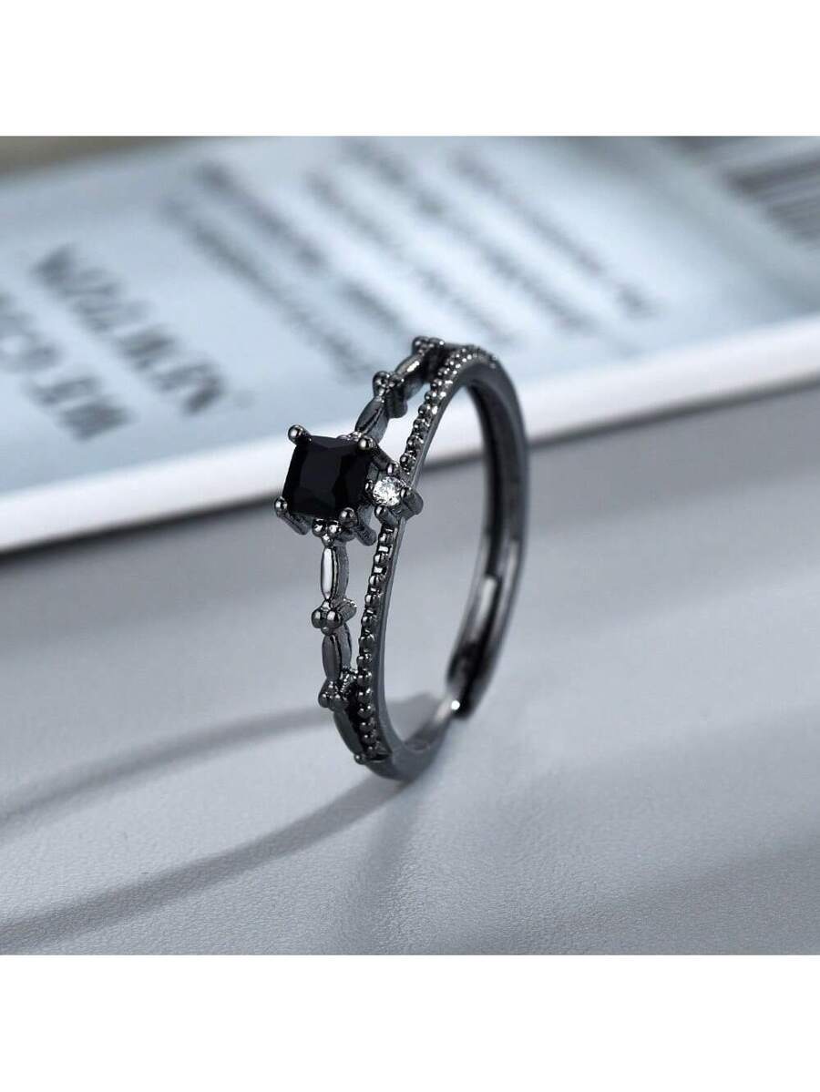 Onyx Square Ring – Black Cubic Zirconia Inlay for Couples
