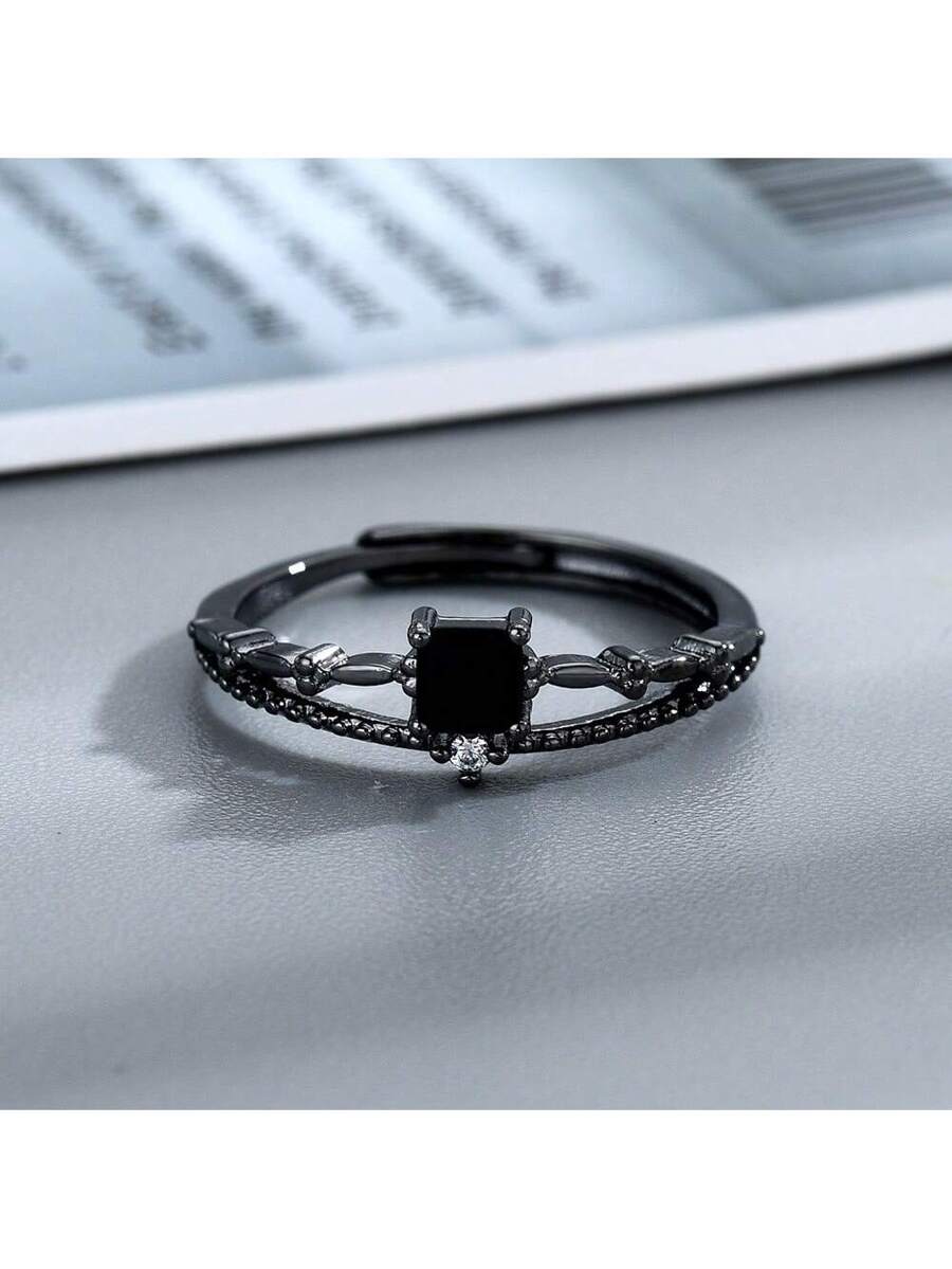 Onyx Square Ring – Black Cubic Zirconia Inlay for Couples