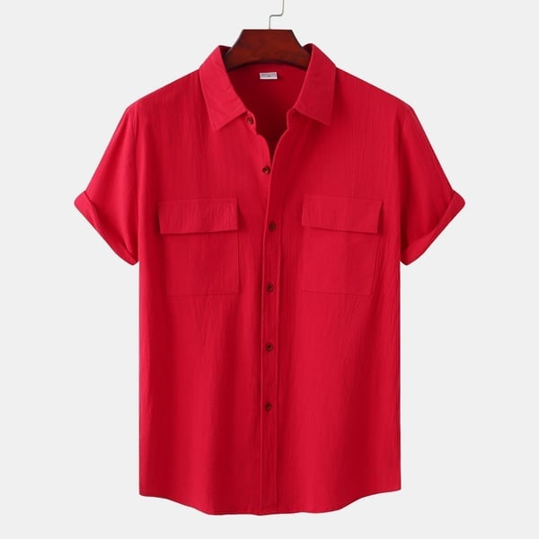 Men's solid colour casual flax short sleeve shirt