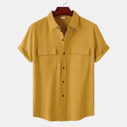 Men's solid colour casual flax short sleeve shirt