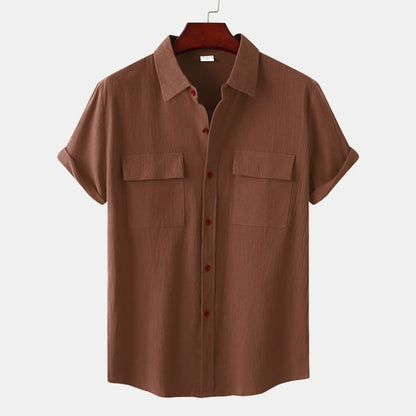 Men's solid colour casual flax short sleeve shirt