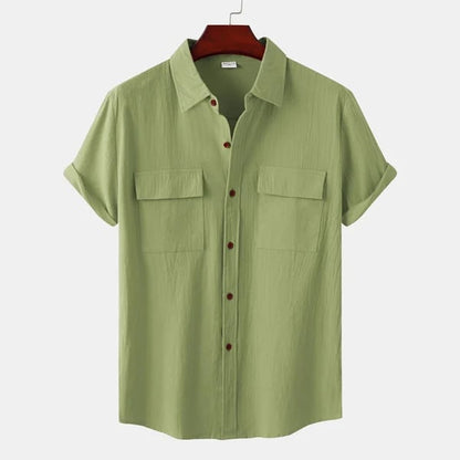 Men's solid colour casual flax short sleeve shirt