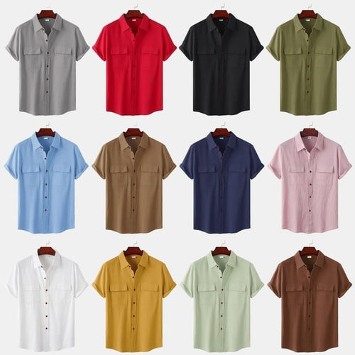 Men's solid colour casual flax short sleeve shirt
