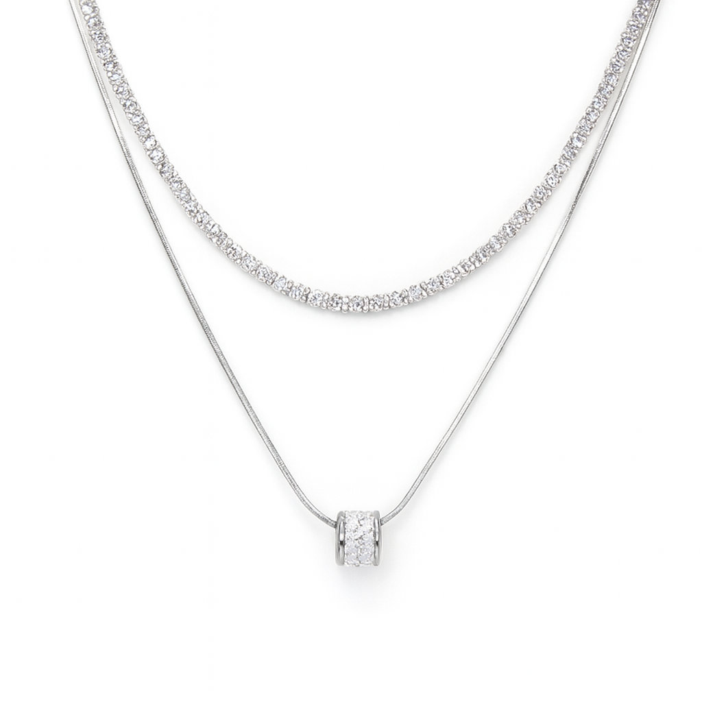 Serenity Beads Necklace Double Layer Titanium Steel Cubic Zirconia