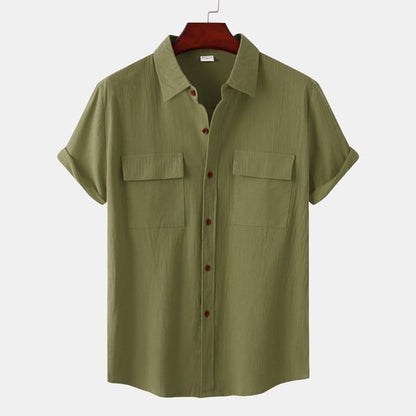Men's solid colour casual flax short sleeve shirt