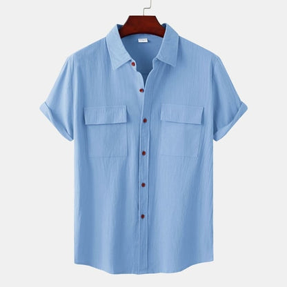 Men's solid colour casual flax short sleeve shirt