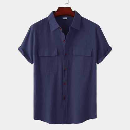 Men's solid colour casual flax short sleeve shirt