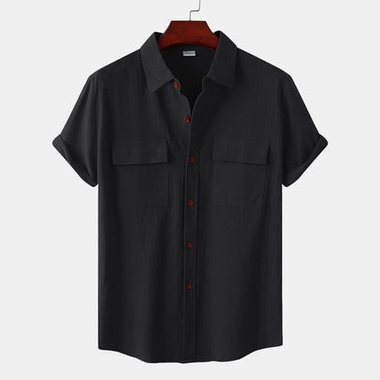 Men's solid colour casual flax short sleeve shirt